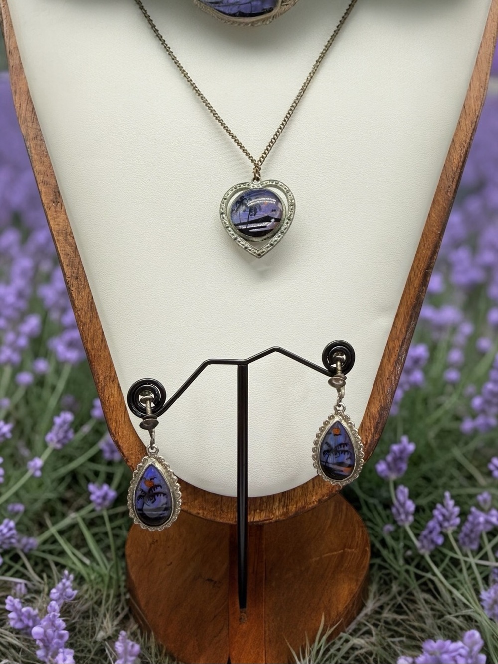 Sterling Silver Blue Morpho Butterfly Wing Earrings & Reversible Necklace Vtg